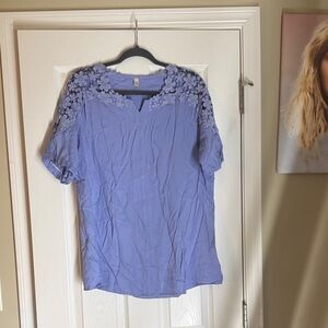 Chic Blue Women's Blouse with Floral Accents